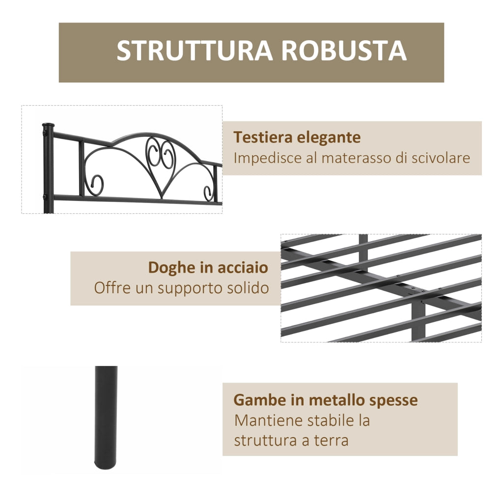 Struttura Letto Una Piazza e Mezza in Acciaio con Doghe Integrate, Testiera e Pediera, 140x200cm