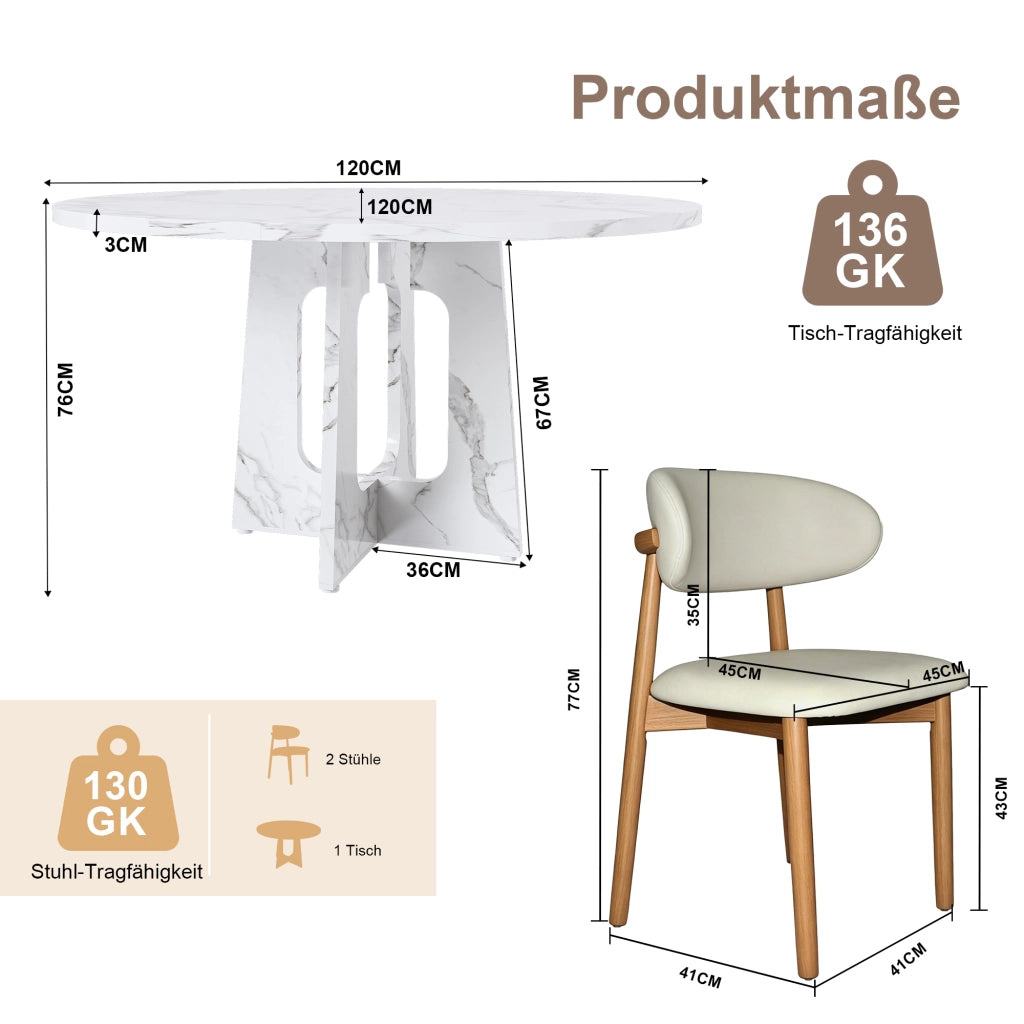 Tavolo da pranzo rotondo con 2 sedie in MDF effetto marmo bianco per soggiorno e sala da pranzo Ø 120 cm