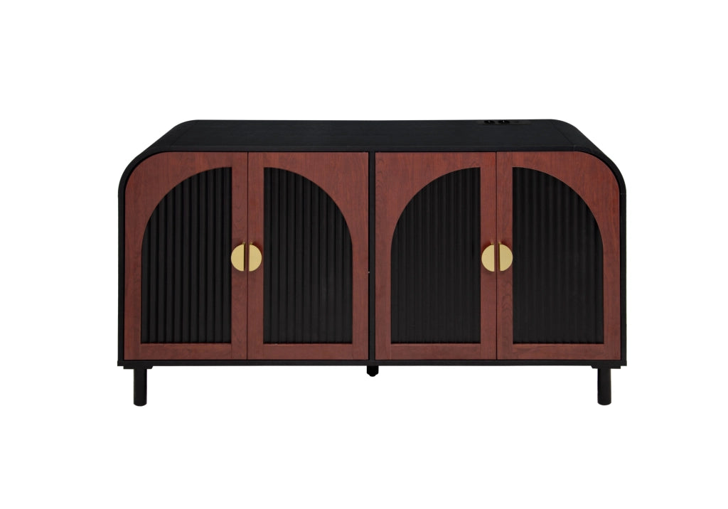 Credenza retrò 150 cm a 4 ante con frontali curvi e ripiani regolabili; nero/noce scuro