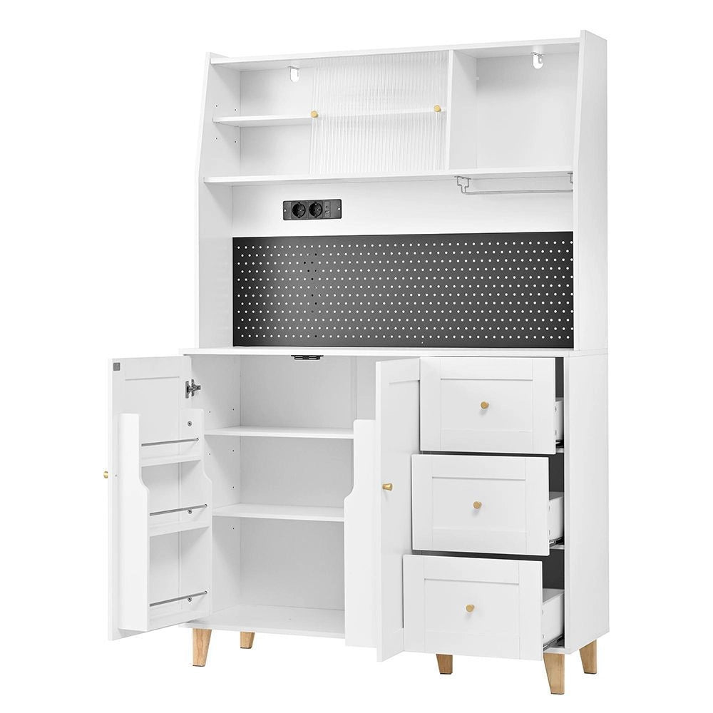 Armadio alto con prese elettriche e pannello perforato - Xylo - Porta-bicchieri da vino, cassetti, ideale per cucina e sala da pranzo (bianco)