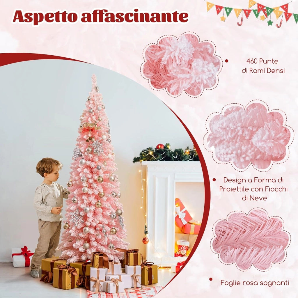 Albero di Natale Slim Rosa 150/180 cm, Albero di Natale Innevato con 328/460 Rami e Supporto Metallico Pieghevole, Albero per Decorazione per Feste in Casa e Ufficio (180 CM)