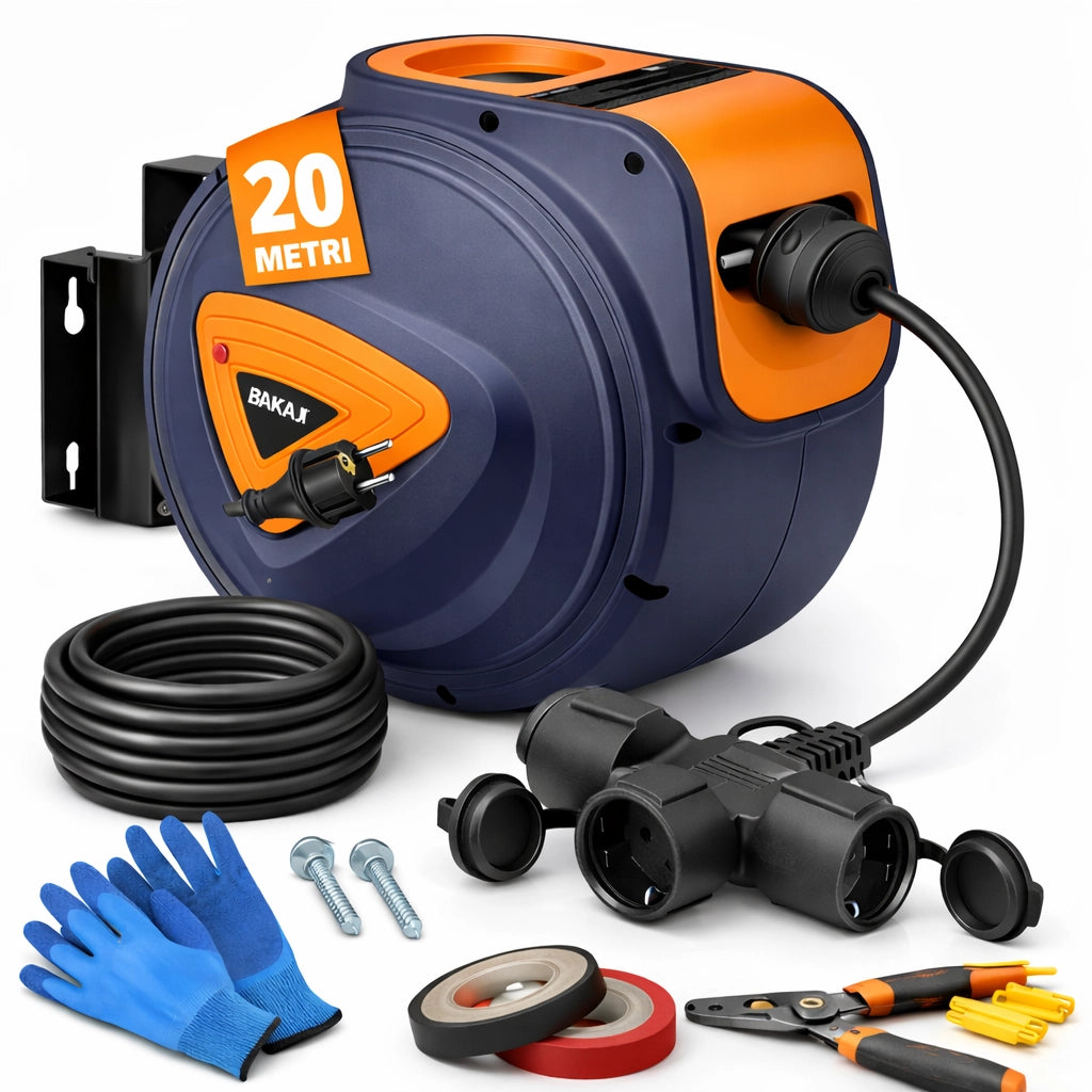 Avvolgicavo Elettrico 20 Metri con Supporto a Muro Rotante 180° e Multipresa 16Amp