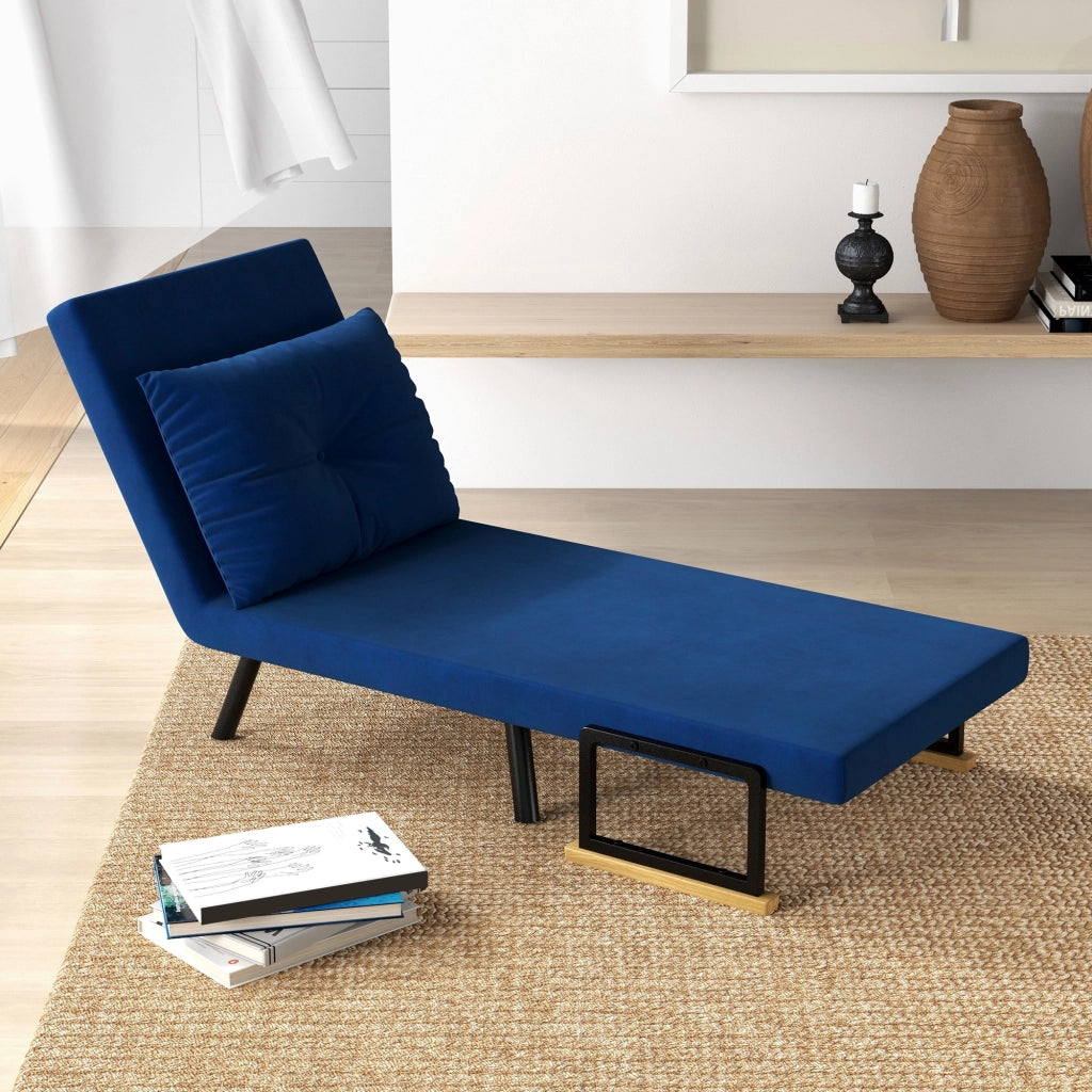 Poltrona Letto 3 in 1 con Schienale Reclinabile e Cuscino, in Tessuto Effetto Velluto, 63x73x81 cm, Blu