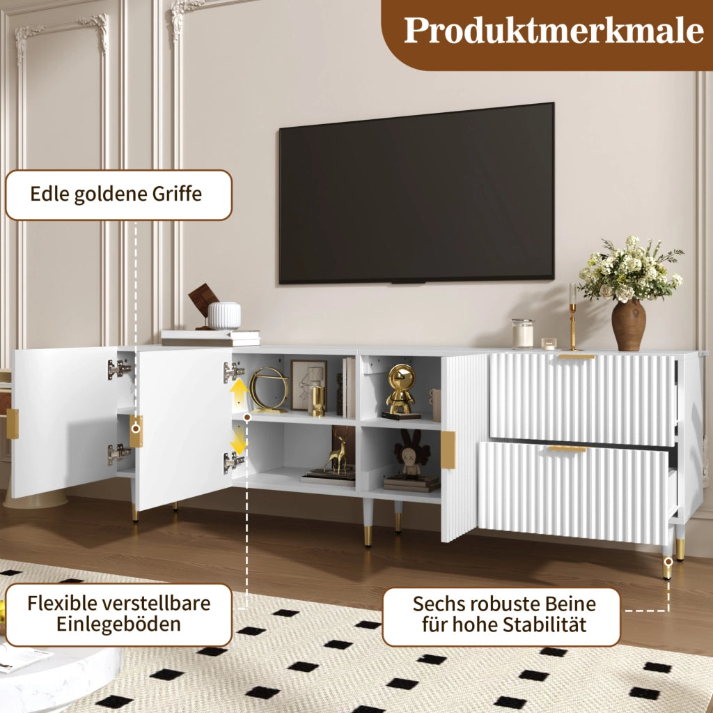 Mobile TV bianco 170 cm a 3 ante con cassetti, piedini regolabili e dettagli oro