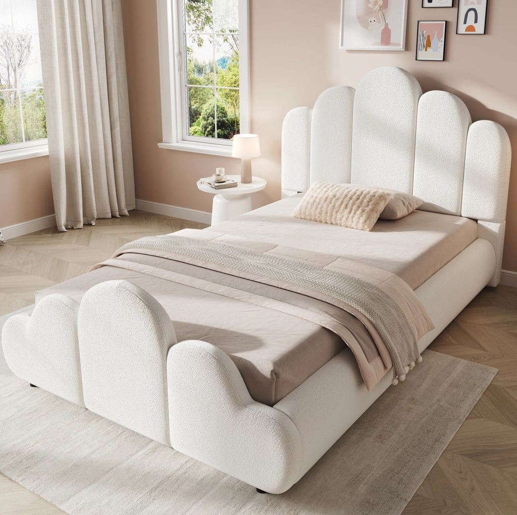 Letto singolo imbottito 90x200 cm in bouclé beige; con rete a doghe e angoli arrotondati