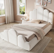 Letto singolo imbottito 90x200 cm in bouclé beige; con rete a doghe e angoli arrotondati