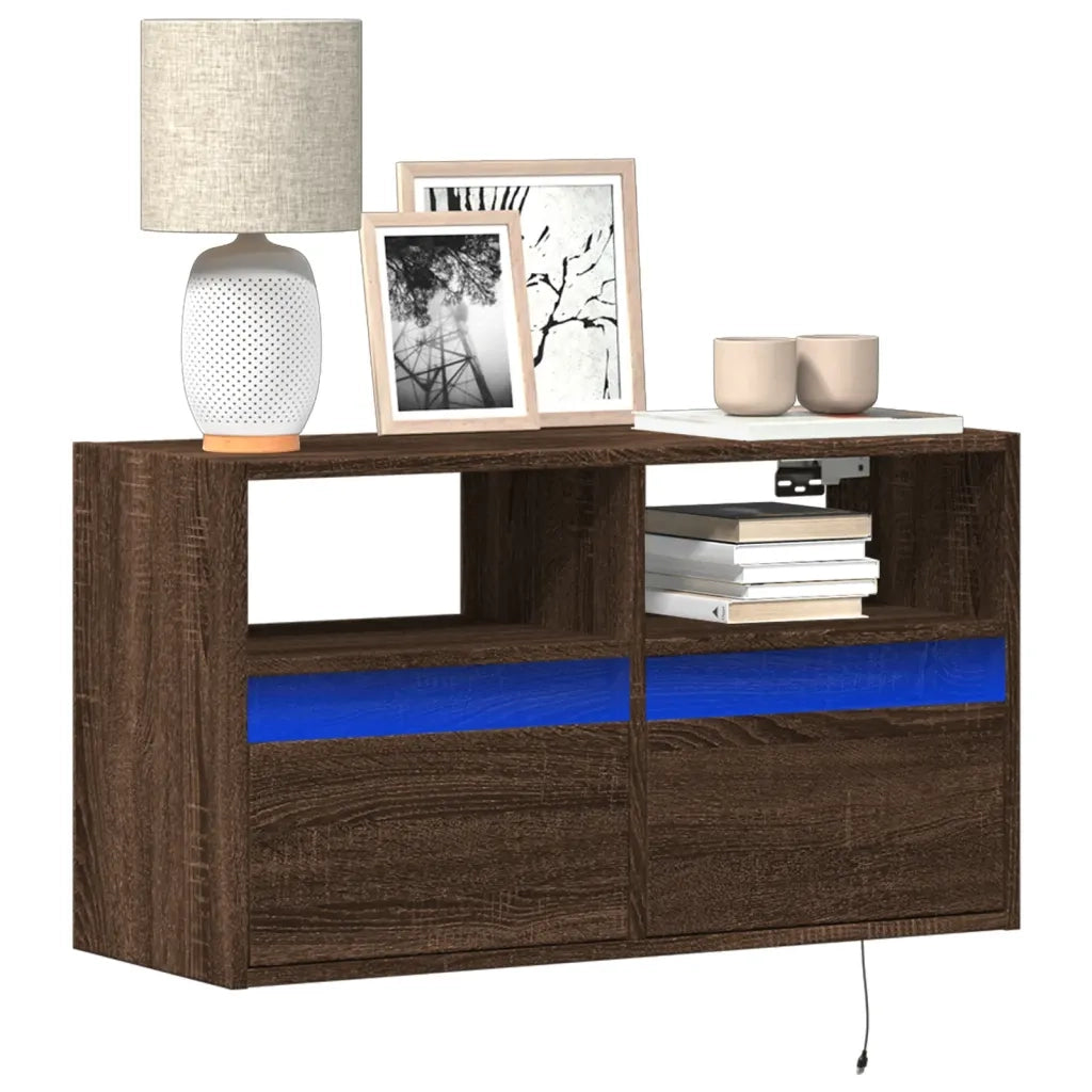 Mobile TV a Parete con Luci LED-Mobile TV a Muro Rovere Marrone 80x31x45 cm 939464