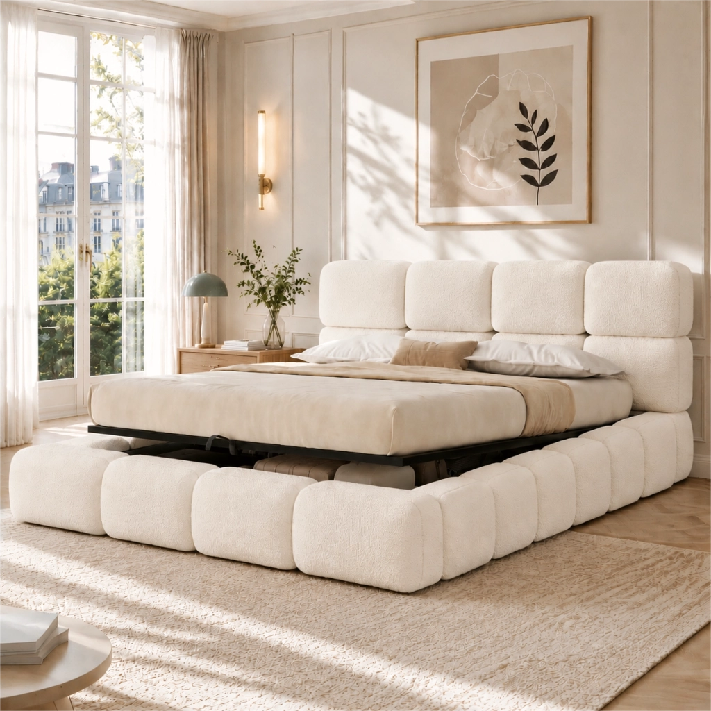 Letto Contenitore 180x200 cm; Letto Matrimoniale con Sollevamento Idraulico; Bouclé Bianco
