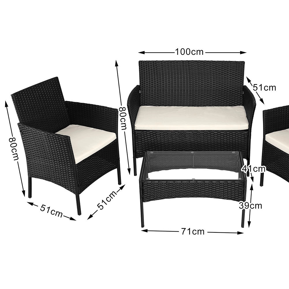 Set da Giardino 4pz in Polyrattan 2 Poltrone 1 Tavolino 1 Divano uso Esterno Nero