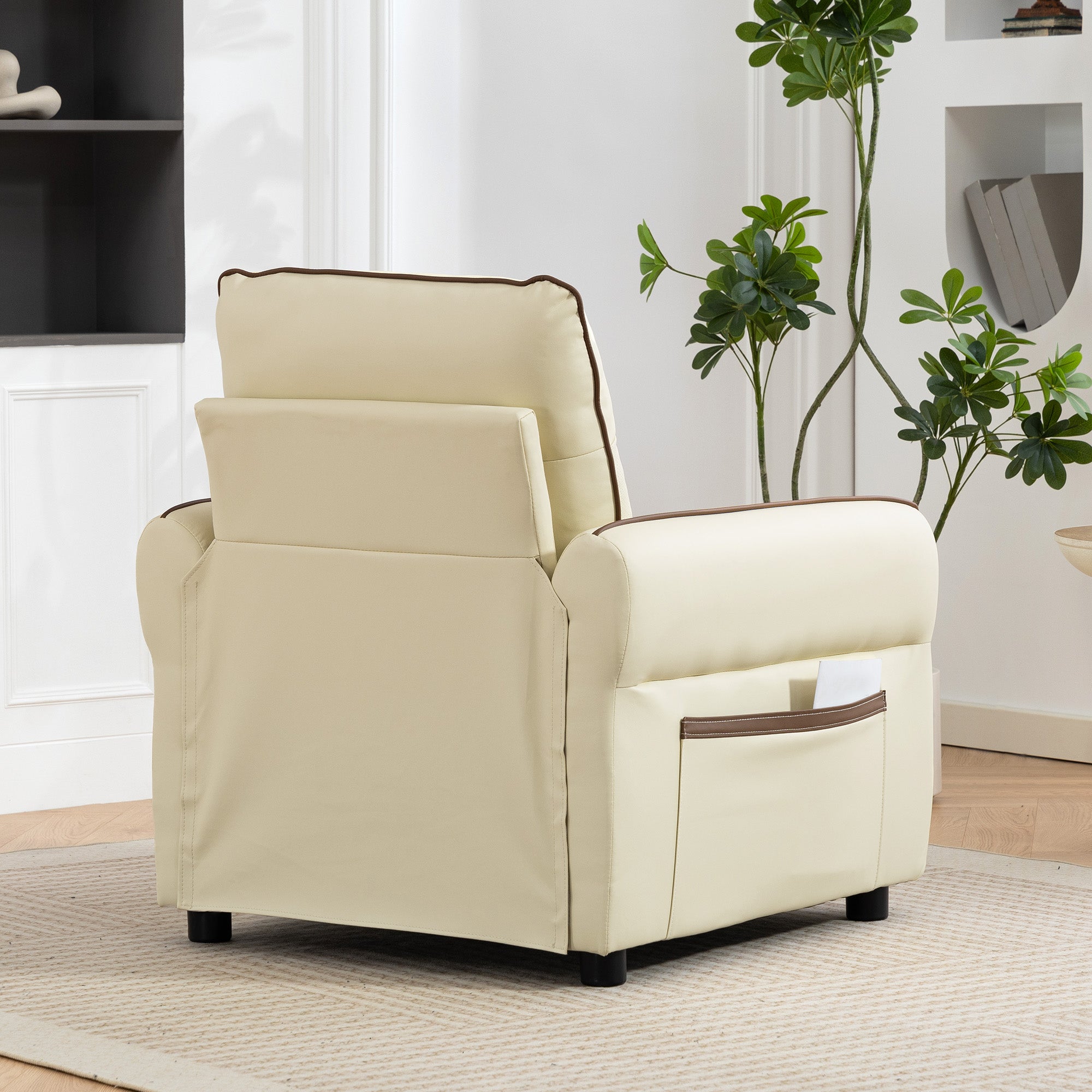 Poltrona da Salotto Moderna con Imbottitura Spessa Tasca Laterale e Rivestimento in Finta Pelle Beige