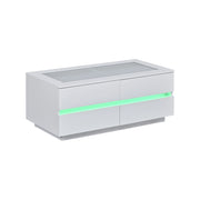 Tavolino da caffè con 4 cassetti; LED e piano in vetro temperato; in pannelli di particelle bianco; 100 × 50 × 40 cm