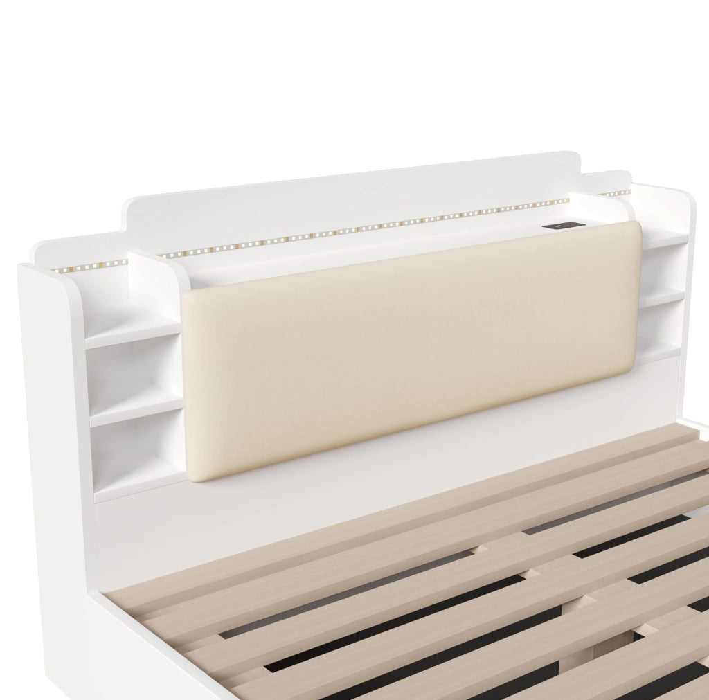 Letto 140x200 cm con contenitore idraulico, LED, USB e USB-C bianco HAVRYA