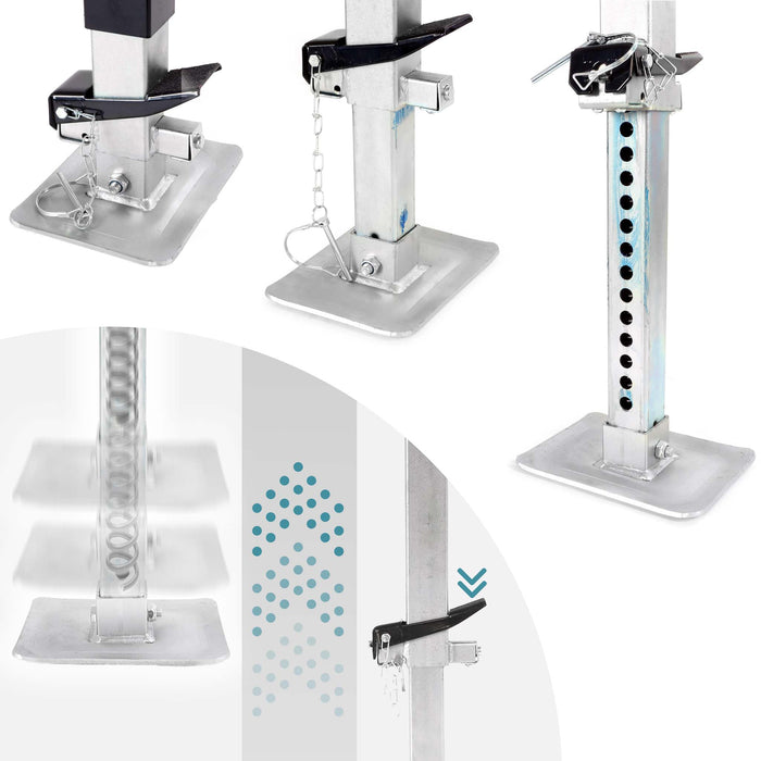 Piede stabilizzatore per rimorchi roulotte, max 900 kg, regolabile in altezza con manovella, con pedale e perno di sicurezza