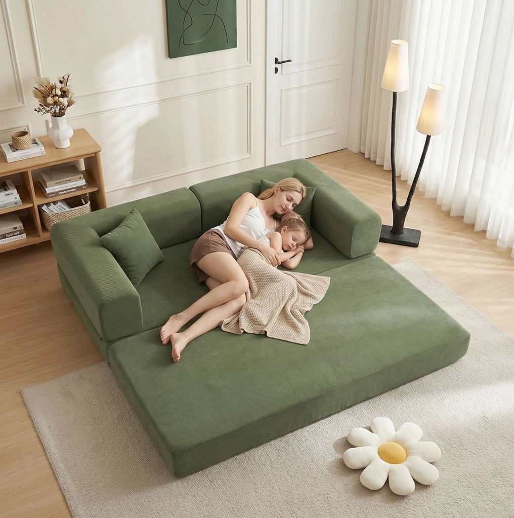 Divano letto pieghevole da terra 3 posti con braccioli riposizionabili; 200x100x70 cm; verde