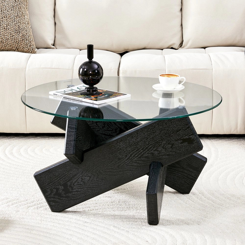 Tavolino da Caff¨¨ Rotondo ¨C MINIMAL ¨C Piano in Vetro Temperato, MDF, Nero, 79 cm