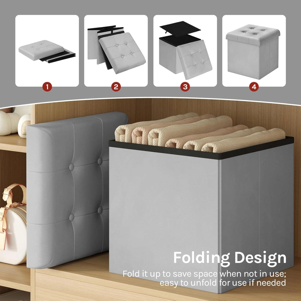 Set di 2 Pouf Pieghevole, Scatola Portaoggetti con Seduta in Velluto, Pouf Contenitore per Soggiorno Camera da Letto Ingresso, Sgabello Ripiegabile,Grigio Chairo