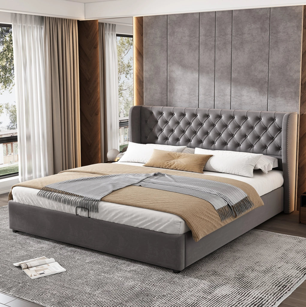 Letto matrimoniale imbottito stile Chesterfield 180x200 cm in velluto grigio con contenitore