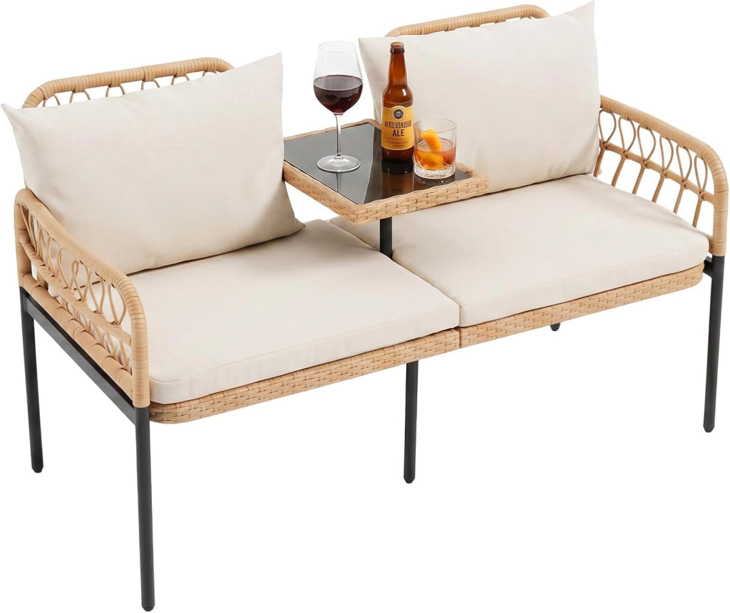 Divano da Giardino in Rattan PE, Panchina da Esterno con Tavolino Integrato in Vetro Temperato, Divanetto a 2 Posti, Cuscini Imbottiti, per Balcone, Terrazza e Cortile, Portata 150 kg