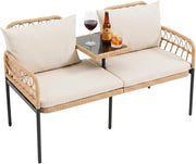 Divano da Giardino in Rattan PE, Panchina da Esterno con Tavolino Integrato in Vetro Temperato, Divanetto a 2 Posti, Cuscini Imbottiti, per Balcone, Terrazza e Cortile, Portata 150 kg