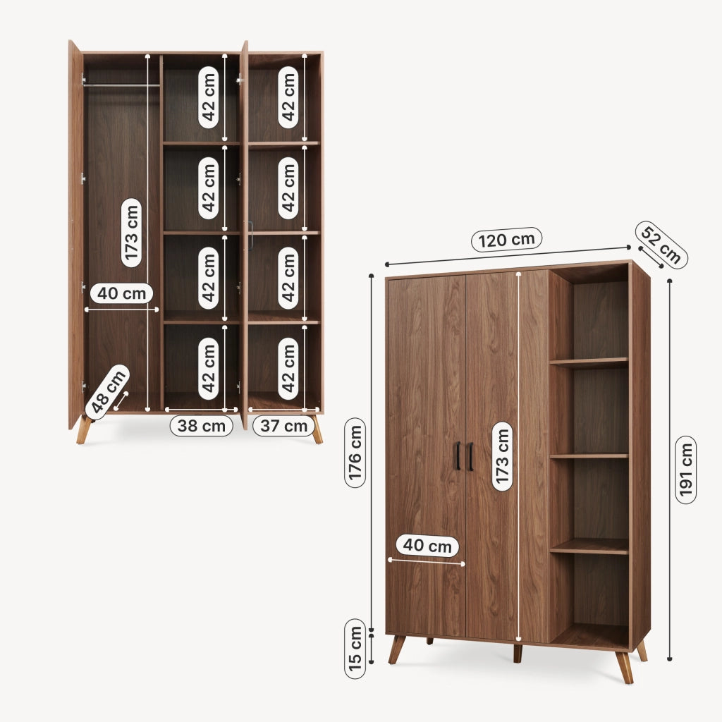 Armadio Guardaroba Norg con 2 Ante e 8 Scomparti 191x120x52 cm - Effetto Noce [en.casa]