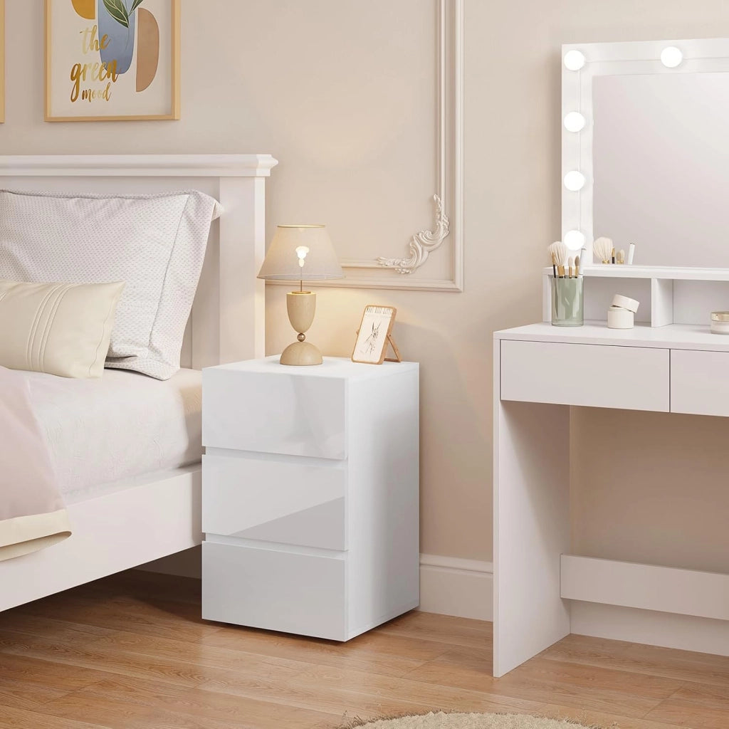 Comodino per Camera da Letto, Mobiletto Bianco con 3 Cassetti, Cassettiera Piccola Salvaspazio in Legno, con Guide Metalliche, Design Moderno, 40x35x62cm