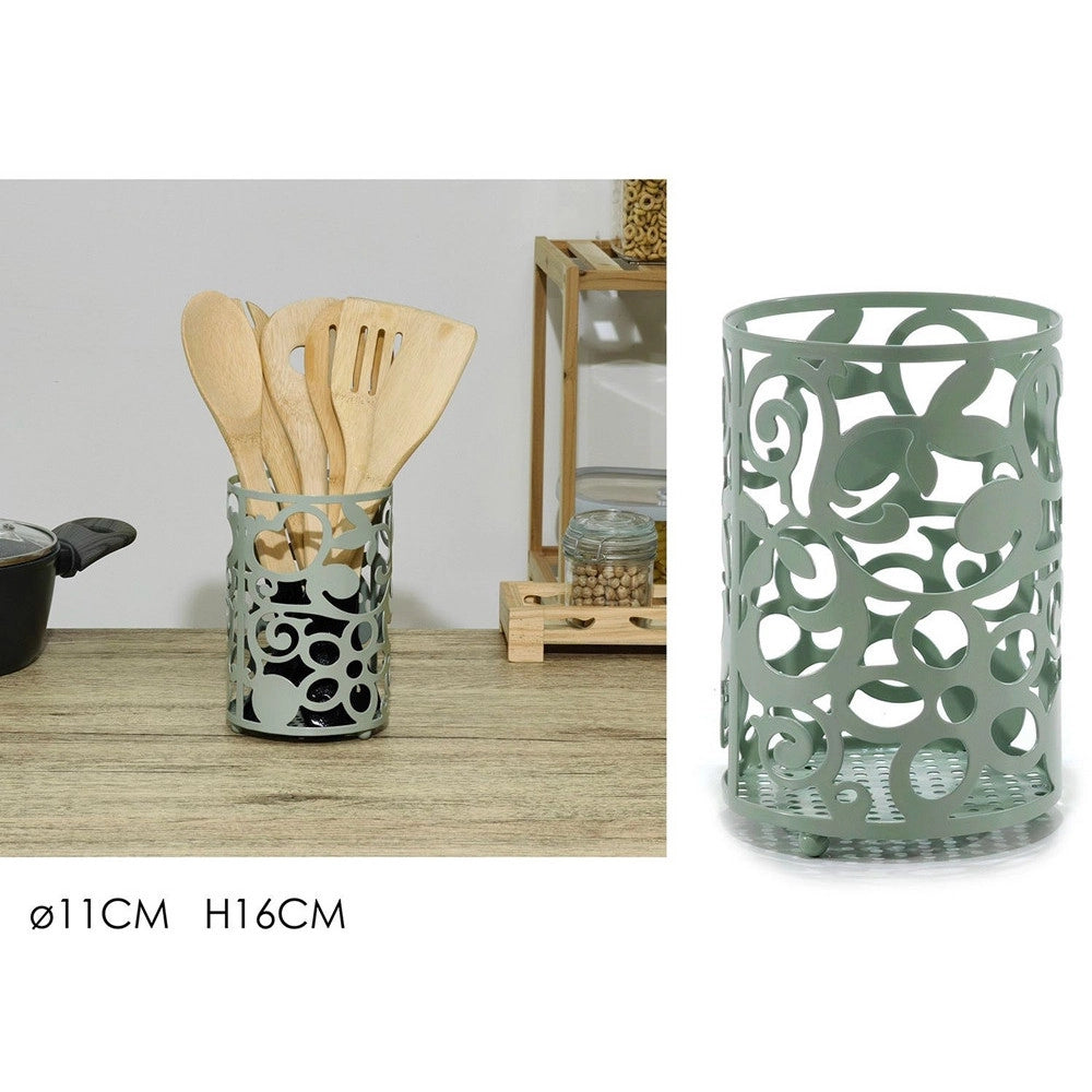 Trade Shop - Portautensili Da Cucina In Metallo Verde Salvia H16xø11cm Design Traforato Decorativo -