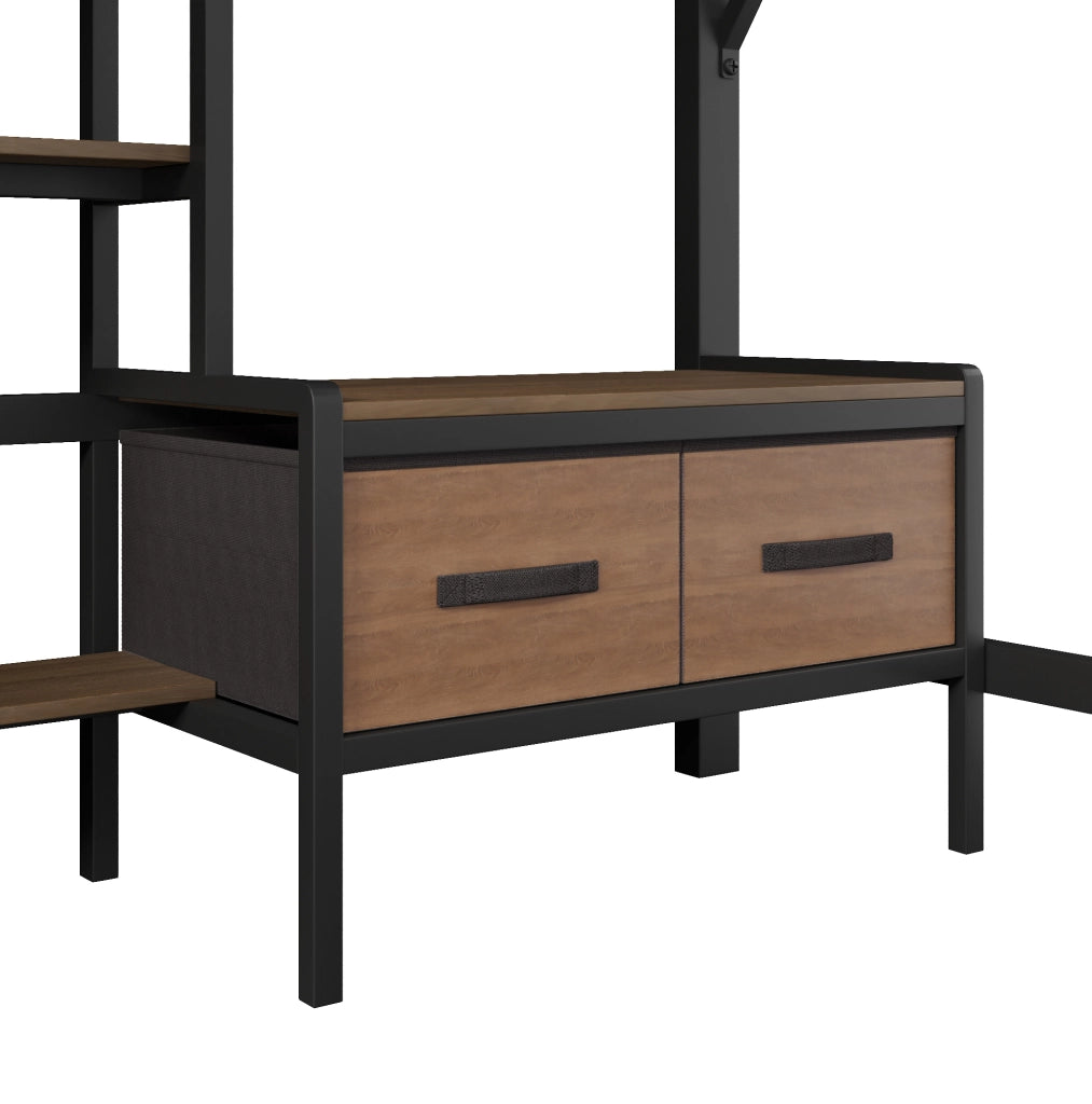 Letto a soppalco 140x200 cm con scrivania; ripiani; cassetti in tessuto; LED e USB; nero