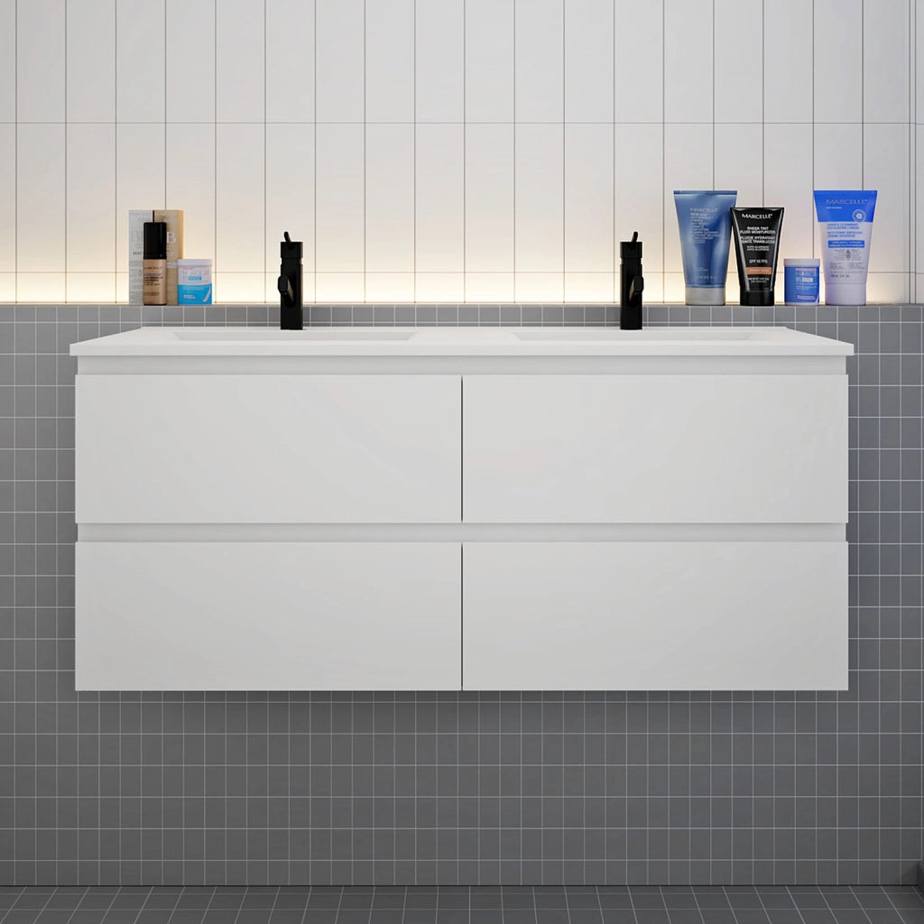 Mobile bagno 120cm con quattro cassetti e doppio lavabo incassato, sospeso, bianco