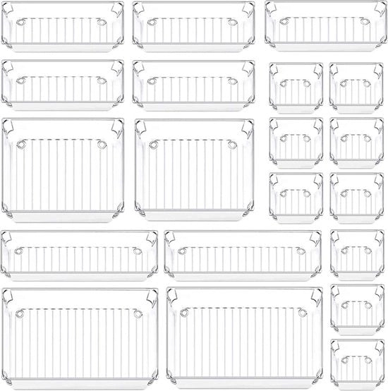 Sistema di stoccaggio per cassetti, 20 contenitori in 5 diverse dimensioni, antiscivolo, trasparente, organizzatore di cosmetici, cassettiera per tavolo da trucco, zona cucina, zona bagno