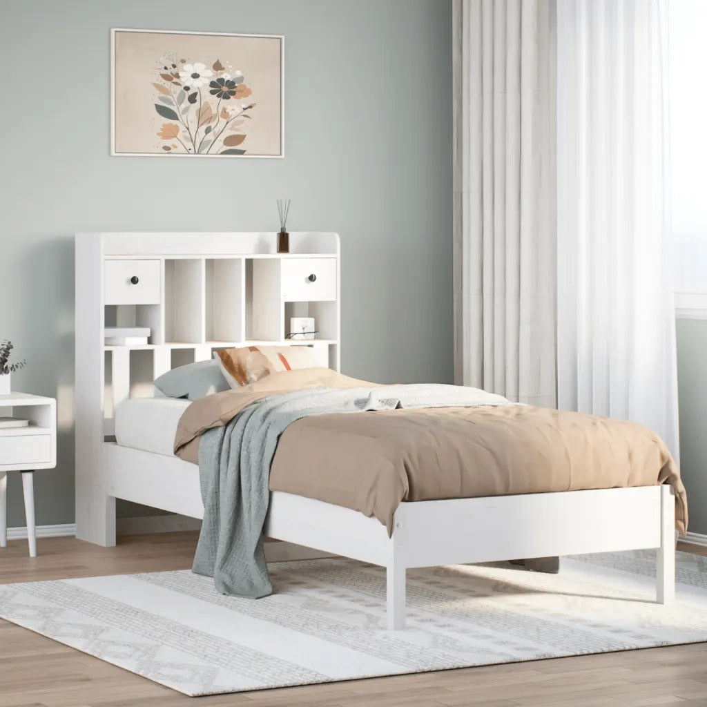 Letto Libreria senza Materasso-Struttura Letto con contenitore Bianco 90x190 cm Massello Pino 320478