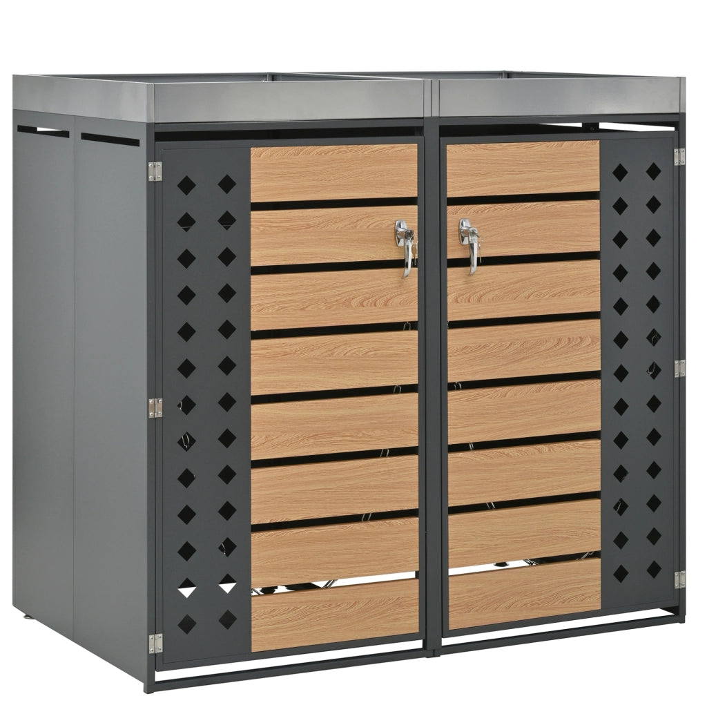 Porta bidoni da esterno con fioriera integrata; 2 vani; 132x80x124;6 cm; grigio e legno