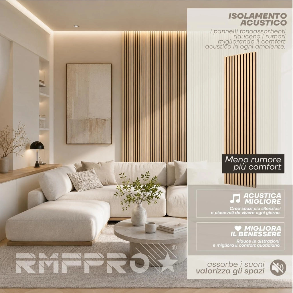 RMF PRO Set 2 Pannelli Decorativi Parete Legno Fonoassorbenti Fumo Chiaro 240x60 cm (2,88 m²) – Rivestimento Acustico a Listelli MDF per Soggiorno, Camera e Ufficio