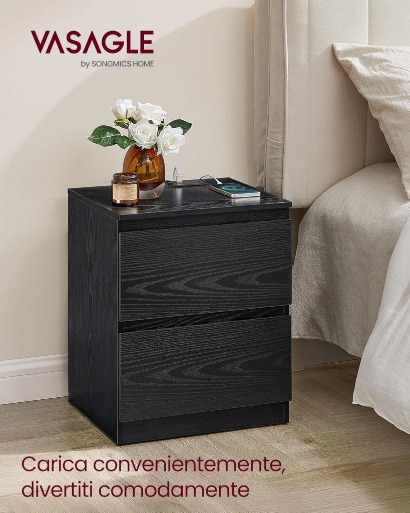 VASAGLE KAILYN Collezione - Comodini con Ciabatta Elettrica, Set di 2 Tavolini, 2 Cassetti, 2 Prese AC, 2 Porte USB-A, Soggiorno Camera da Letto, Moderno, Nero Ebano LET821B02