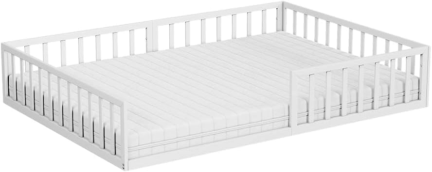 Letto a pavimento Minno 140x200 cm, letto bambini Montessori in metallo con protezione anticaduta e materasso, bianco