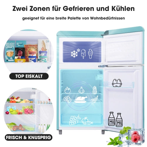 Frigorifero retrò; frigorifero a doppia porte; volume totale 72L; congelatore 21L; luce LED; efficiente energetico; ciano