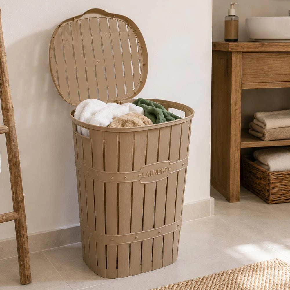 Cestone portabiancheria con coperchio e cesta coordinata effetto legno beige