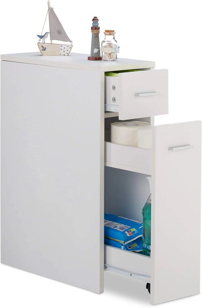 Mobile Salvaspazio Alto & Stretto, 2 Cassetti, Bagno, Cucina, Salotto, Compatto a Colonna,61,5x20x45 cm,bianco