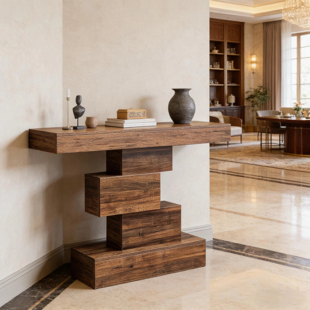Consolle con struttura geometrica e ripiano decorativo per ingresso e soggiorno in legno marrone scuro 108 × 30 × 80 cm