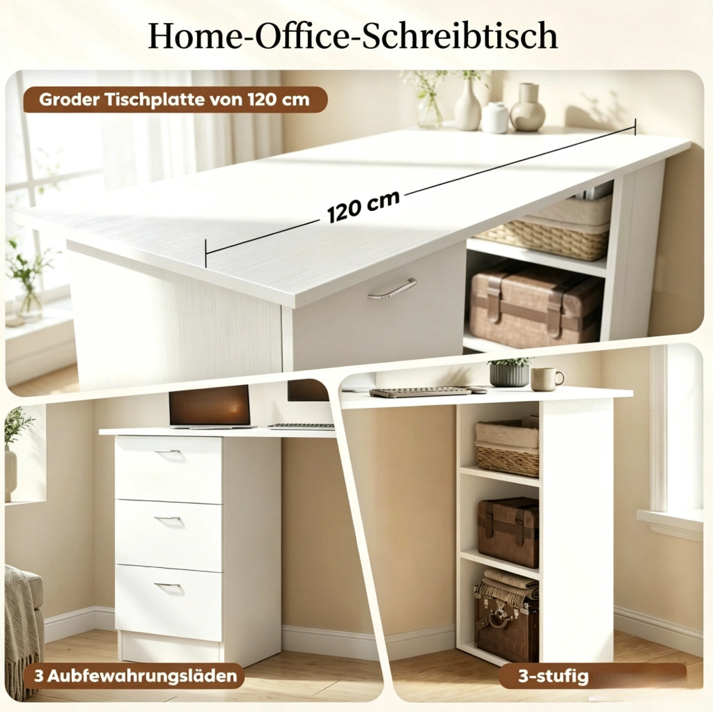 Scrivania per computer in MDF bianco 120x49x72 cm con 3 cassetti e ripiani regolabili