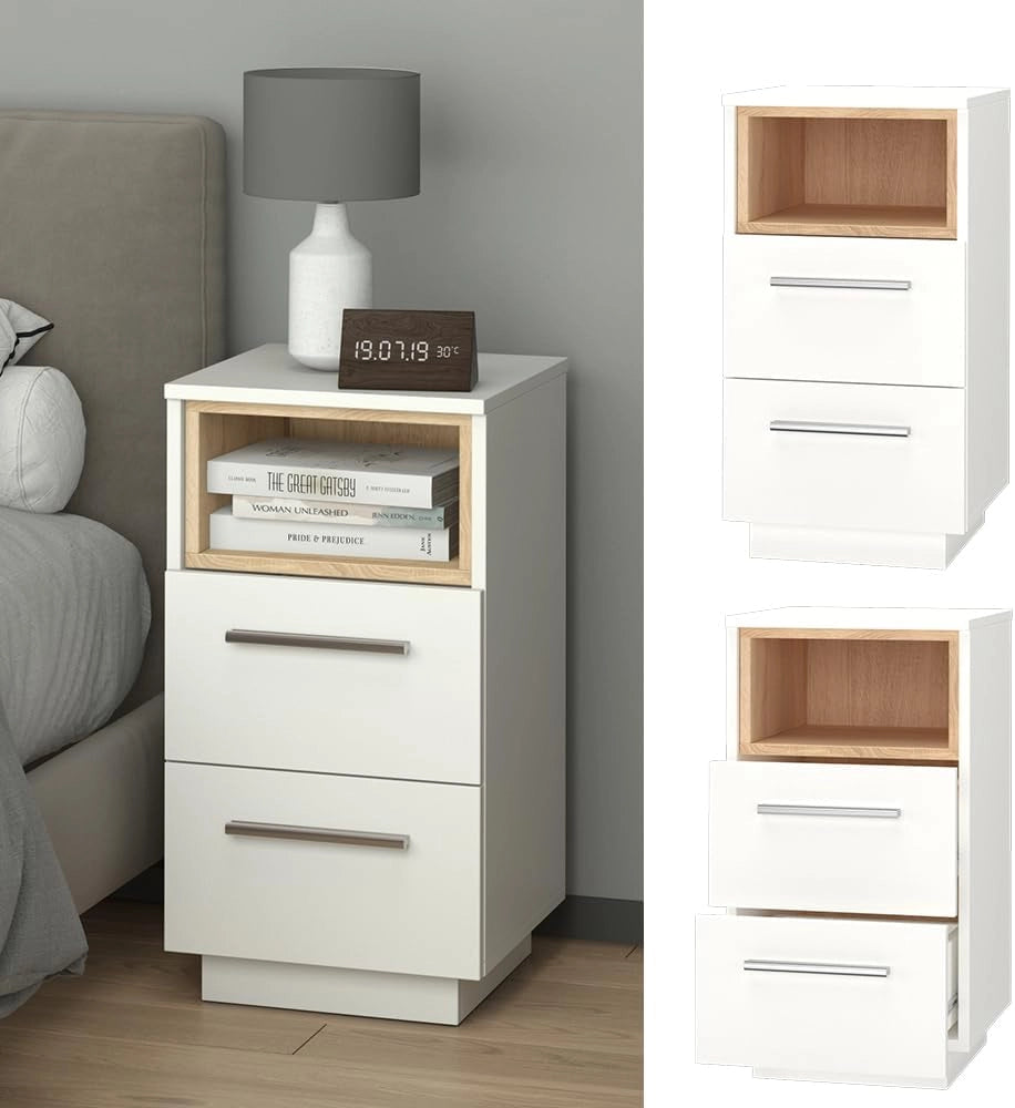 Comodini camera da letto Beatrice, Bianco, Set di 2, per riporre oggetti in modo salvaspazio accanto al letto