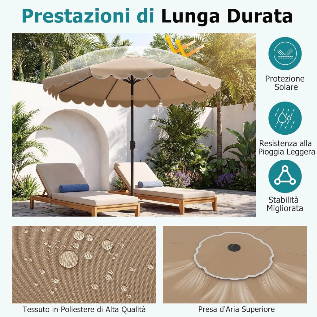 Ombrellone da Giardino 300 cm, con Inclinazione Regolabile, Anti-UV, Manovella, 8 Stecche, Top Ventilato, per Giardino Piscina Patio (Marrone)