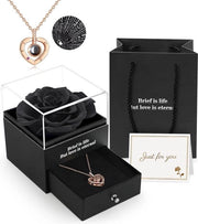 Rosetta in Vetro con Collana "Ti amo" - Regalo per la Madre - Dono per la Donna - in Scatola di Gioielli - Dono per l'Amica - Regalo Romantico - Dono per Lei - Nero
