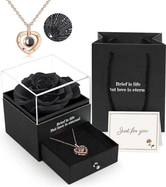 Rosetta in Vetro con Collana "Ti amo" - Regalo per la Madre - Dono per la Donna - in Scatola di Gioielli - Dono per l'Amica - Regalo Romantico - Dono per Lei - Nero