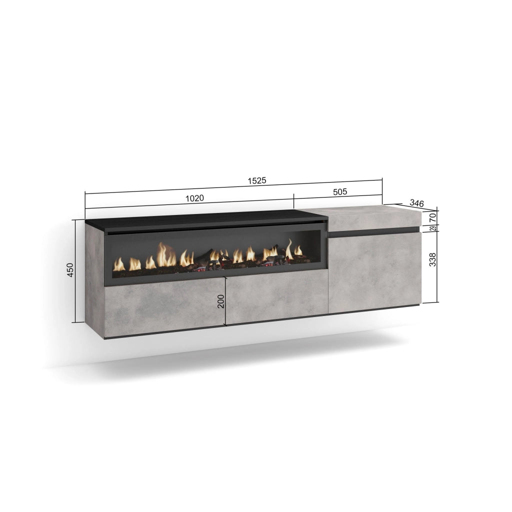 Mobile TV Soggiorno, 150x35x45cm, Per TV fino a 65", Camino elettrico, da appendere, grigio cemento RF2468