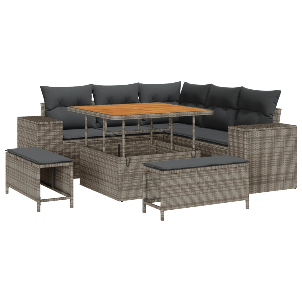 Set divani da giardino 8 pezzi con cuscini grigio polyrattan acacia