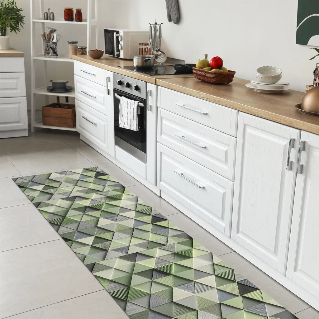 Tappeto passatoia fantasia made in Italy antiscivolo lavabile aderente triangoli multicolore 50x100cm - Triangle Verde
