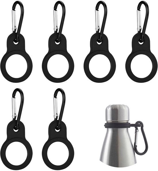 Set di sosteggi per bottiglie in silicone nero da 6 pezzi - Duraturo e flessibile - Caricabottiglia per escursioni - campeggio - attività all'aperto - Sicuro e comodo - Clip per bottiglia