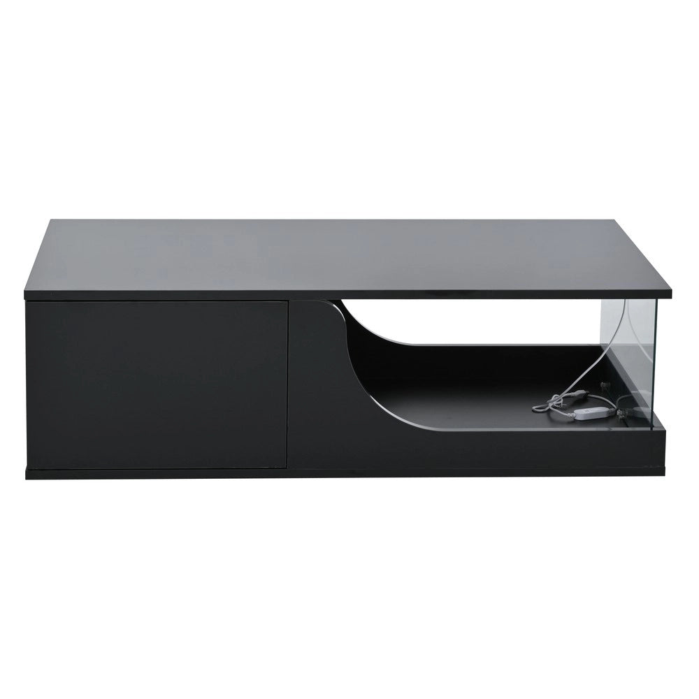 Tavolino da Caff¨¨ con 2 Cassetti e LED ¨C MINIMAL ¨C MDF/Vetro Temperato Nero Lucido 100x50x30