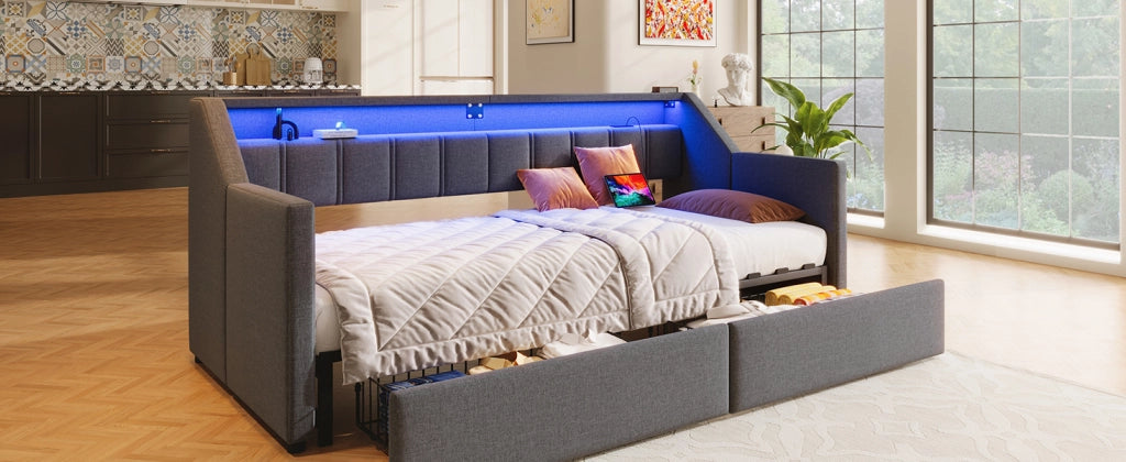 Letto singolo 90x200 con prese USB e USB-C; LED multicolore; cassetti e letto estraibile 180x200; grigio