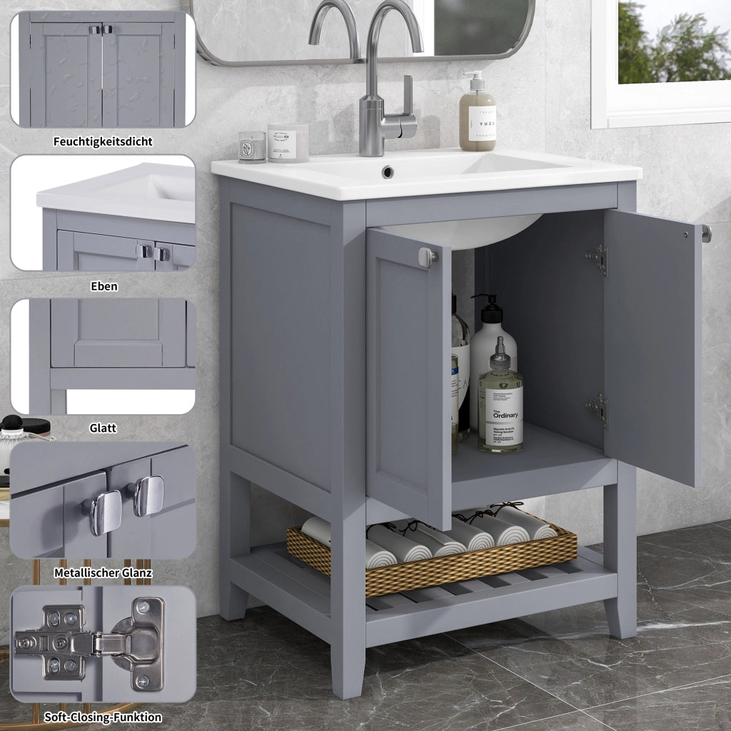 Mobile Bagno a Terra 60 cm Grigio Chiaro e Bianco con Lavabo in Ceramica